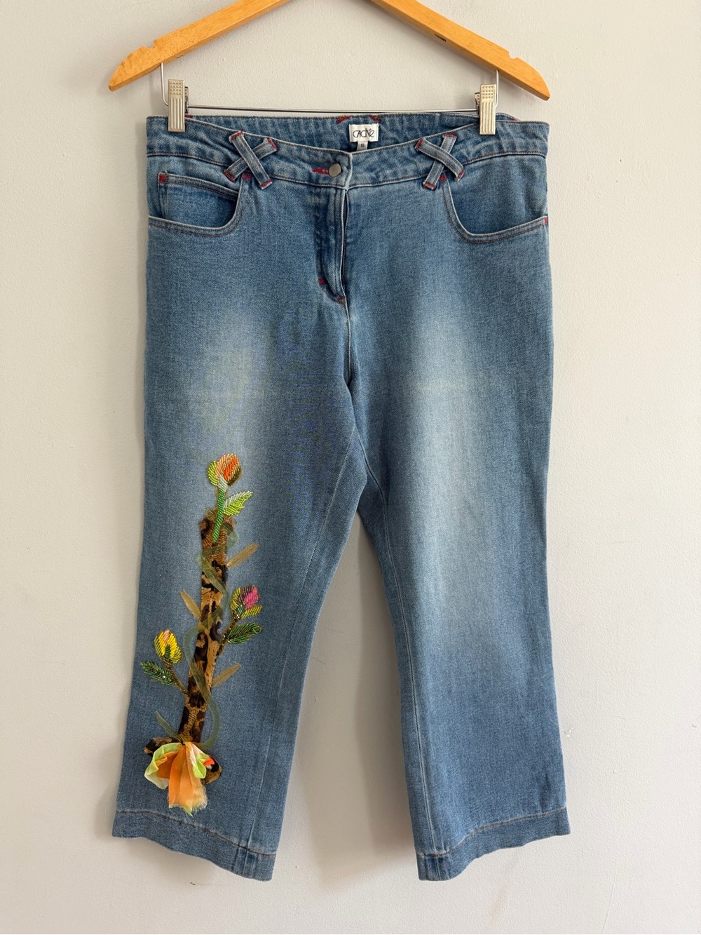 Cache Vintage Y2K Wide Leg Cropped Light Jeans Embellished Beaded Embroidered